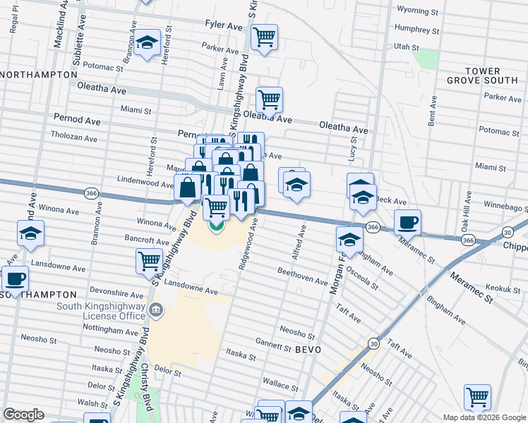 map of restaurants, bars, coffee shops, grocery stores, and more near in St. Louis
