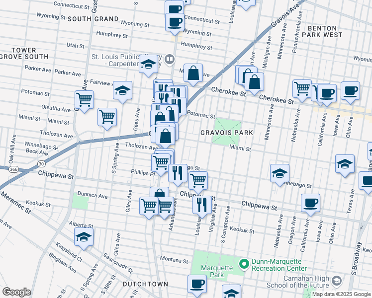 map of restaurants, bars, coffee shops, grocery stores, and more near 3620 Arkansas Avenue in St. Louis