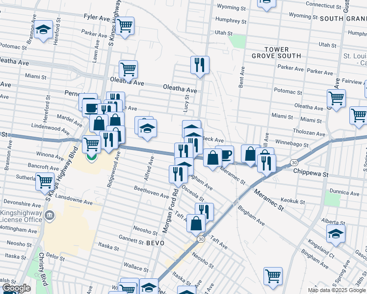 map of restaurants, bars, coffee shops, grocery stores, and more near 3706 Morgan Ford Road in St. Louis