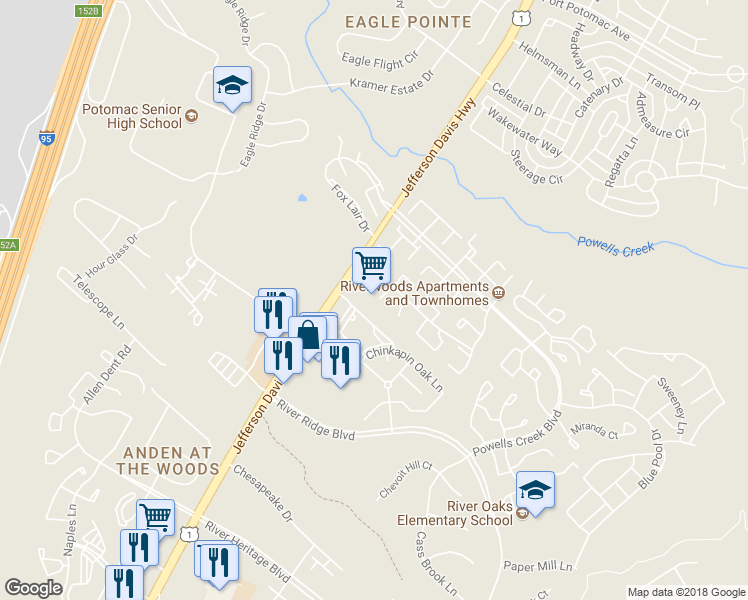 map of restaurants, bars, coffee shops, grocery stores, and more near 2920 Wren Court in Woodbridge