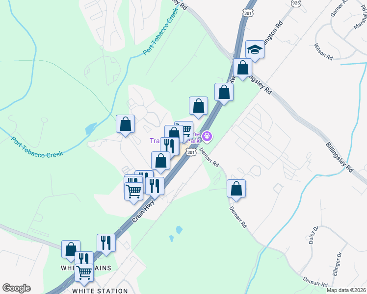 map of restaurants, bars, coffee shops, grocery stores, and more near 4429 Crain Highway in White Plains
