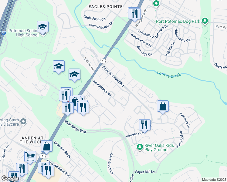 map of restaurants, bars, coffee shops, grocery stores, and more near 16611 Geddy Court in Woodbridge