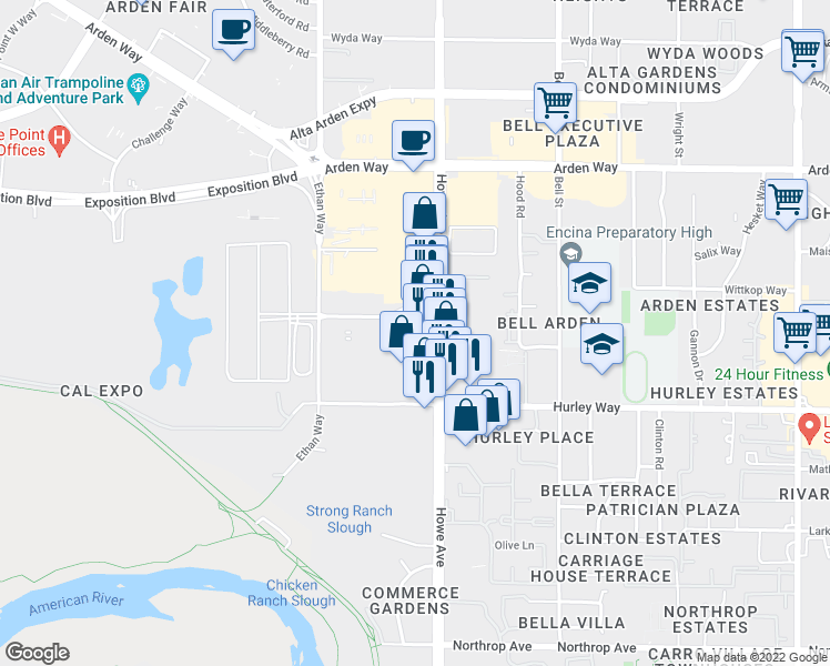 map of restaurants, bars, coffee shops, grocery stores, and more near 1413 Howe Avenue in Sacramento