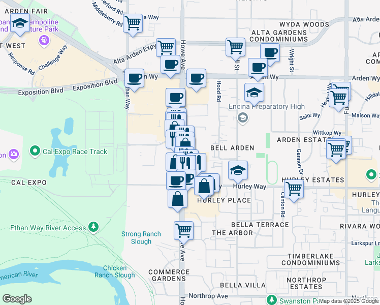 map of restaurants, bars, coffee shops, grocery stores, and more near 1326 Howe Avenue in Sacramento