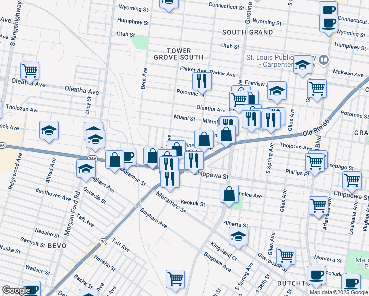 map of restaurants, bars, coffee shops, grocery stores, and more near 4017 Phillips Avenue in St. Louis