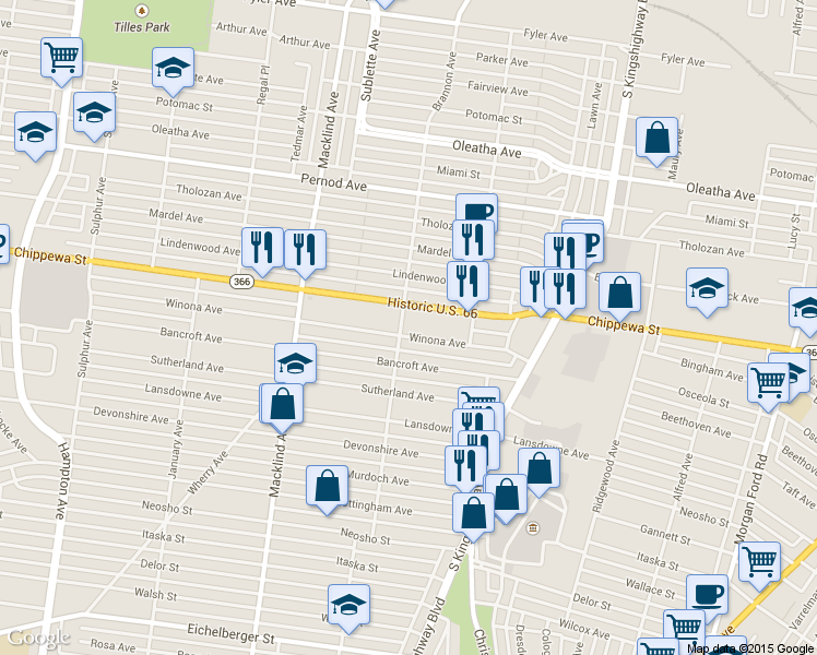 map of restaurants, bars, coffee shops, grocery stores, and more near 5050 Winona Avenue in St. Louis