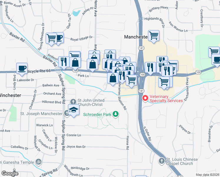 map of restaurants, bars, coffee shops, grocery stores, and more near 815 Bublin Lane in Ballwin