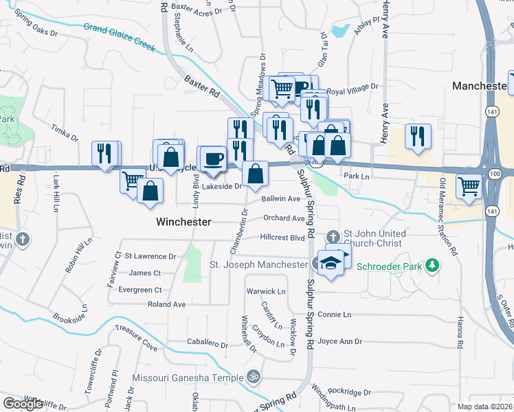 map of restaurants, bars, coffee shops, grocery stores, and more near 313 Orchard Avenue in Ballwin