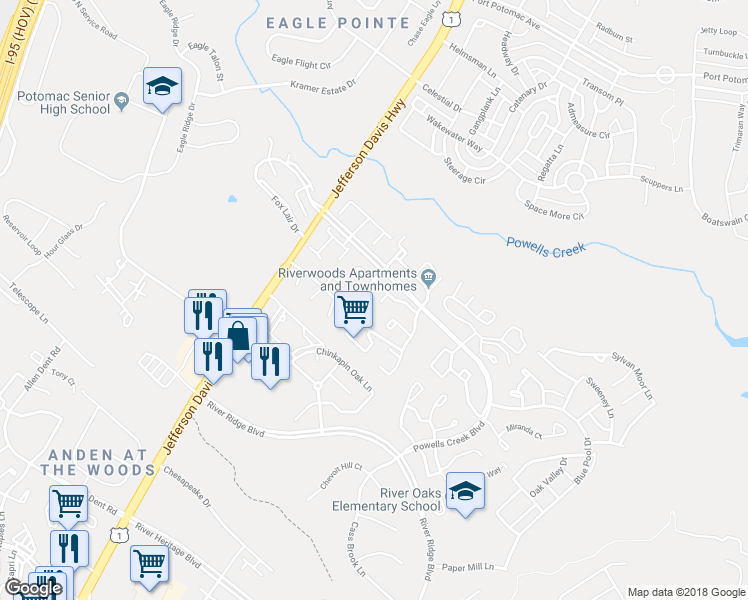 map of restaurants, bars, coffee shops, grocery stores, and more near 16614 Sutton Place in Woodbridge