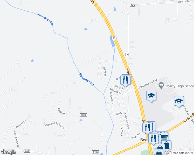 map of restaurants, bars, coffee shops, grocery stores, and more near 7609 Hancock Street in Bealeton