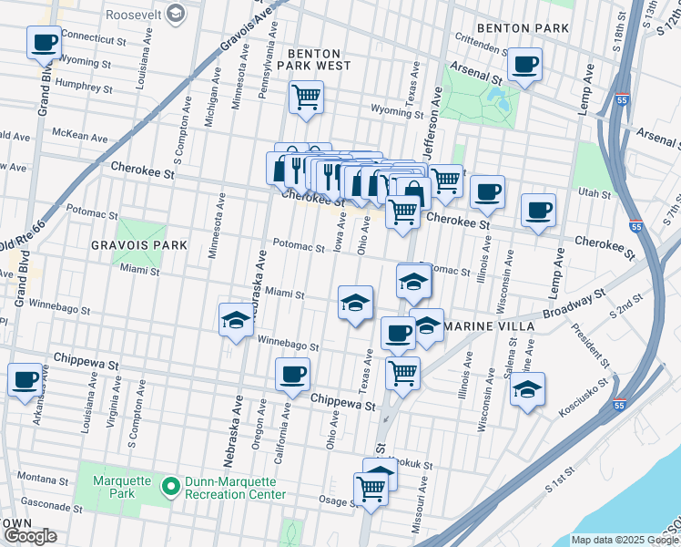 map of restaurants, bars, coffee shops, grocery stores, and more near 3546 Iowa Avenue in St. Louis