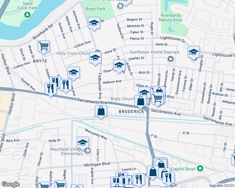 map of restaurants, bars, coffee shops, grocery stores, and more near 1228 Sacramento Avenue in West Sacramento