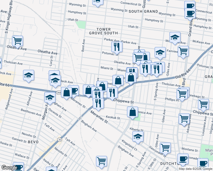 map of restaurants, bars, coffee shops, grocery stores, and more near 4017 Phillips Avenue in St. Louis