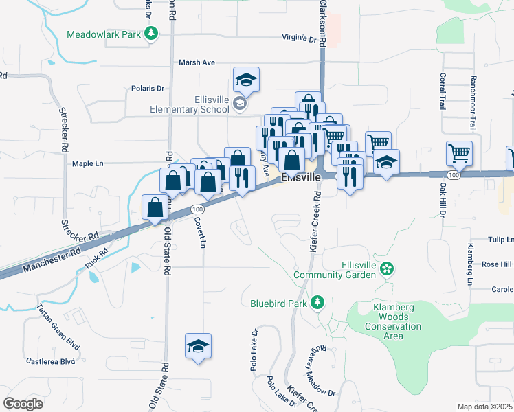 map of restaurants, bars, coffee shops, grocery stores, and more near 15970 Manchester Road in Ellisville