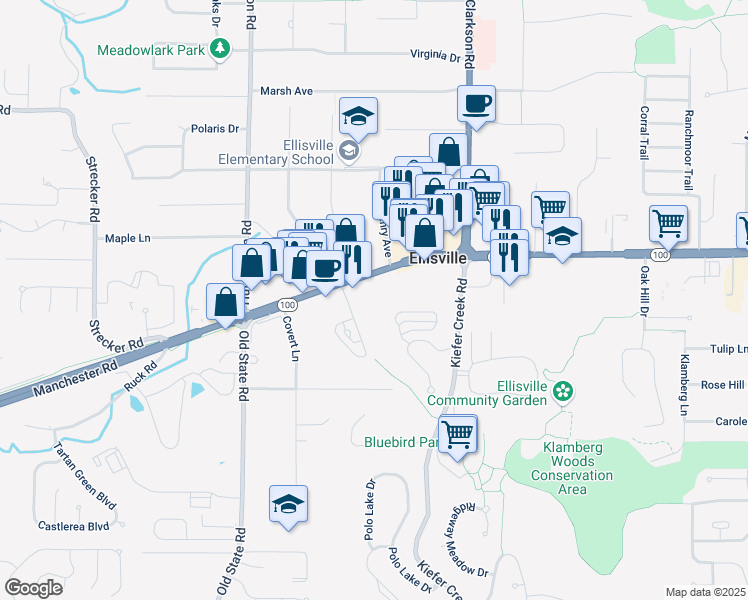 map of restaurants, bars, coffee shops, grocery stores, and more near 15970 Manchester Road in Ellisville