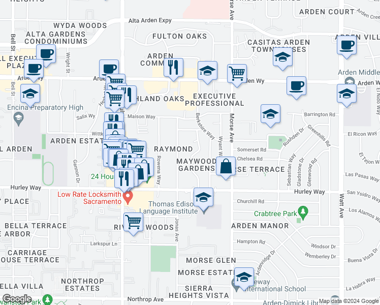 map of restaurants, bars, coffee shops, grocery stores, and more near 1415 Topaz Way in Sacramento