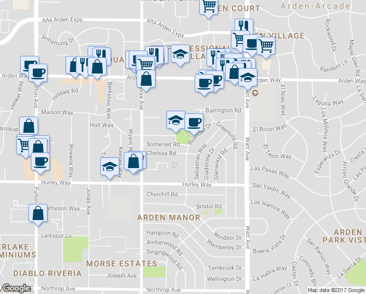 map of restaurants, bars, coffee shops, grocery stores, and more near 3224 Somerset Road in Sacramento