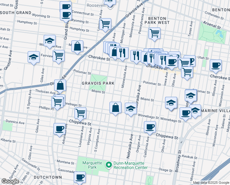 map of restaurants, bars, coffee shops, grocery stores, and more near 3121 Miami Street in St. Louis