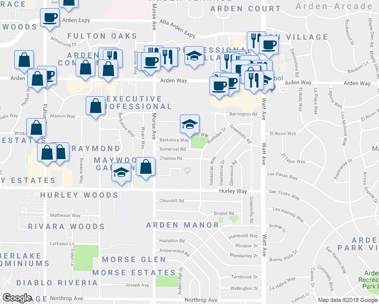 map of restaurants, bars, coffee shops, grocery stores, and more near 3212 Somerset Road in Sacramento