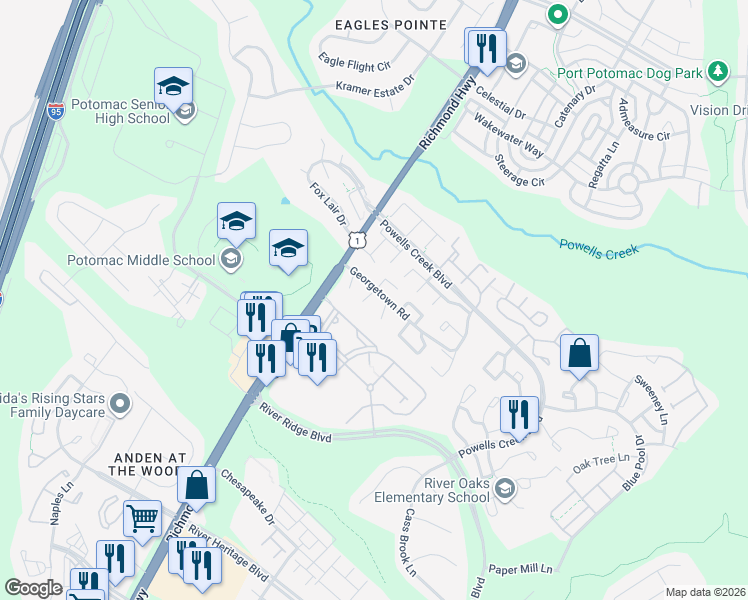 map of restaurants, bars, coffee shops, grocery stores, and more near 2905 Wren Court in Woodbridge