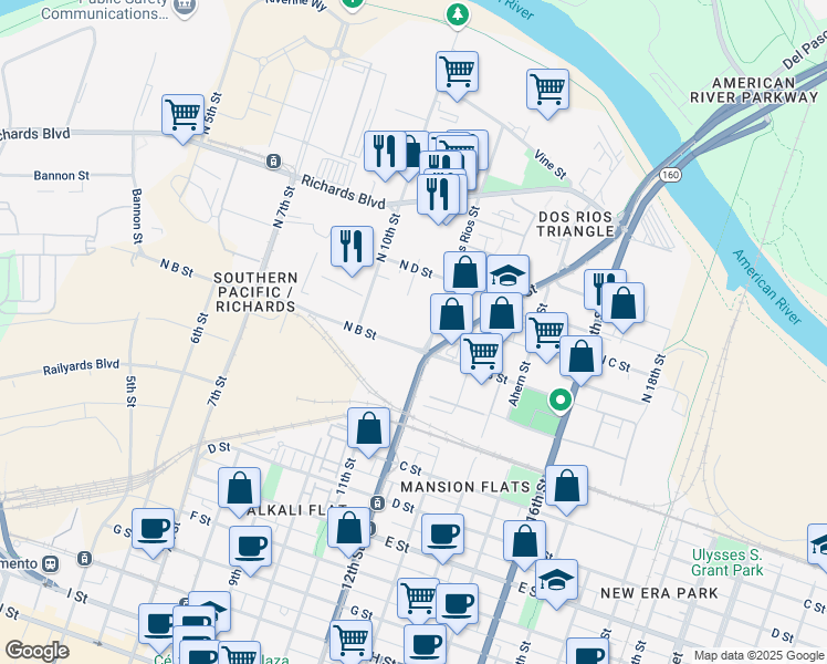 map of restaurants, bars, coffee shops, grocery stores, and more near 1200 N B St in Sacramento