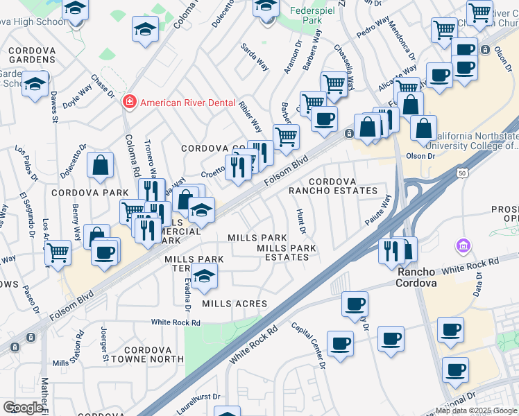 map of restaurants, bars, coffee shops, grocery stores, and more near 10556 Mills Tower Drive in Rancho Cordova