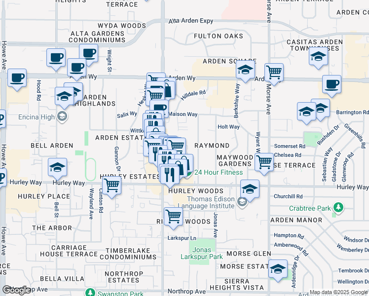 map of restaurants, bars, coffee shops, grocery stores, and more near 1320 Fulton Avenue in Sacramento