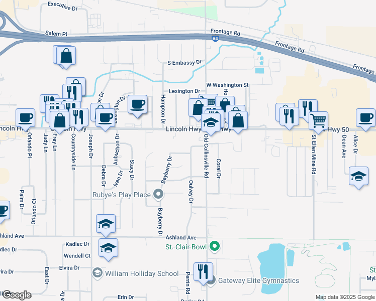 map of restaurants, bars, coffee shops, grocery stores, and more near 913 Fields End Court in Fairview Heights