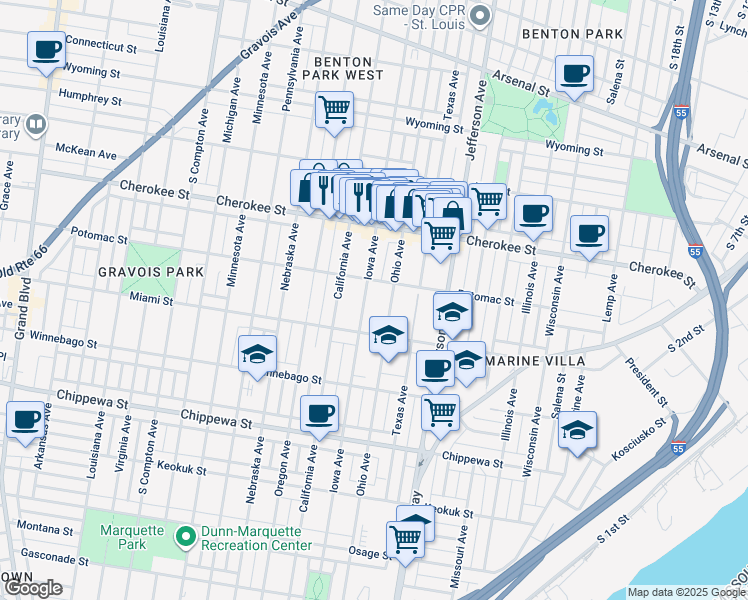map of restaurants, bars, coffee shops, grocery stores, and more near 3546 Iowa Avenue in St. Louis