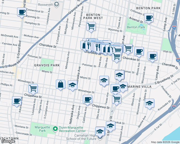 map of restaurants, bars, coffee shops, grocery stores, and more near 3555 California Avenue in St. Louis