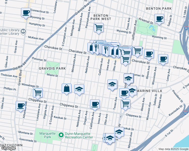 map of restaurants, bars, coffee shops, grocery stores, and more near 3555 California Avenue in St. Louis
