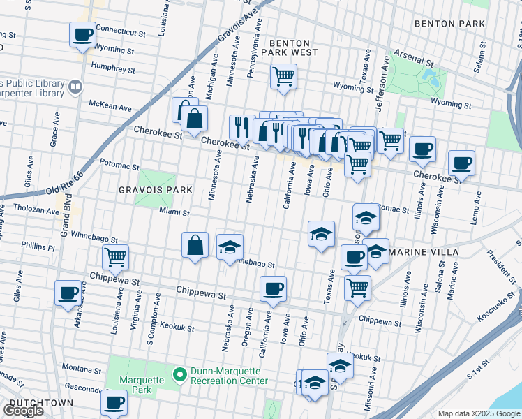 map of restaurants, bars, coffee shops, grocery stores, and more near 2841 Miami Street in St. Louis