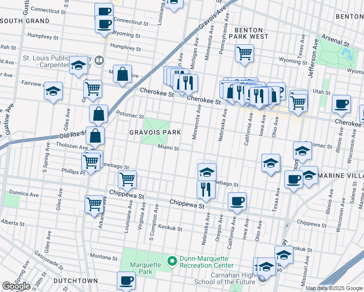 map of restaurants, bars, coffee shops, grocery stores, and more near 3100 Miami Street in St. Louis