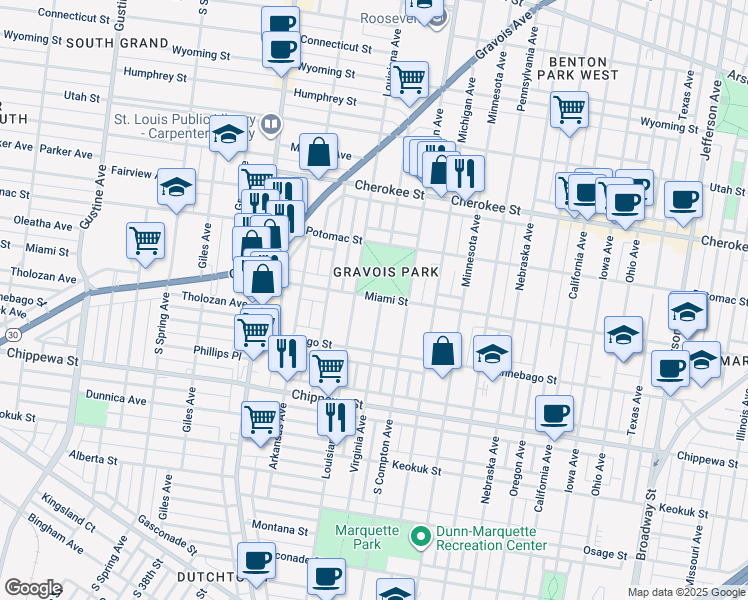map of restaurants, bars, coffee shops, grocery stores, and more near 3622 Virginia Avenue in St. Louis