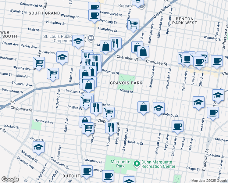 map of restaurants, bars, coffee shops, grocery stores, and more near 3628 Louisiana Avenue in St. Louis