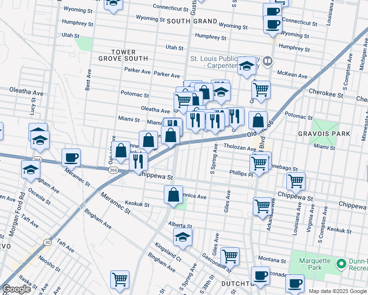 map of restaurants, bars, coffee shops, grocery stores, and more near 3641 Hydraulic Avenue in St. Louis