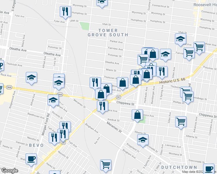 map of restaurants, bars, coffee shops, grocery stores, and more near 4056 Phillips Avenue in St. Louis