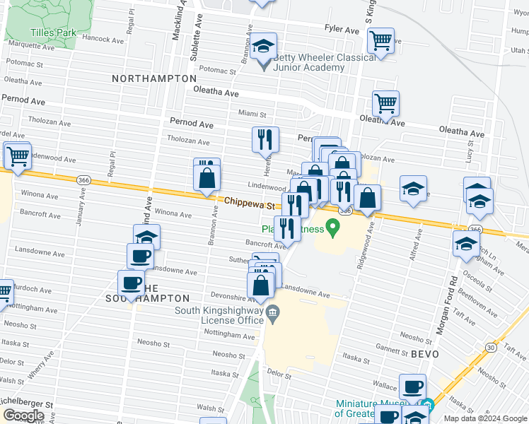 map of restaurants, bars, coffee shops, grocery stores, and more near 4945 Winona Avenue in St. Louis