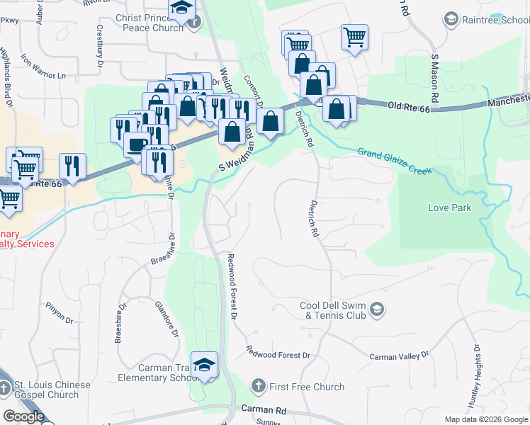 map of restaurants, bars, coffee shops, grocery stores, and more near 324 Redwood Forest Court in Ballwin