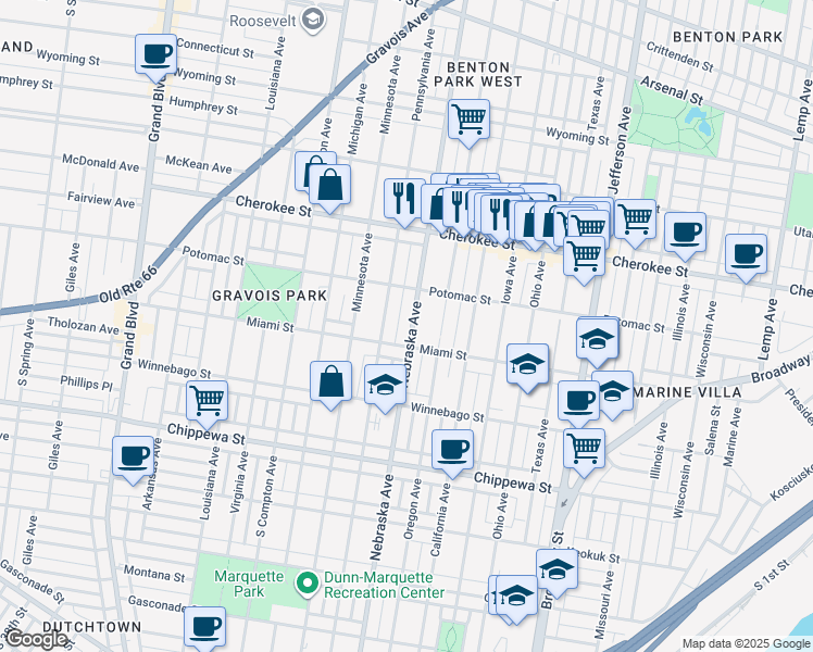 map of restaurants, bars, coffee shops, grocery stores, and more near 3539 Nebraska Avenue in St. Louis