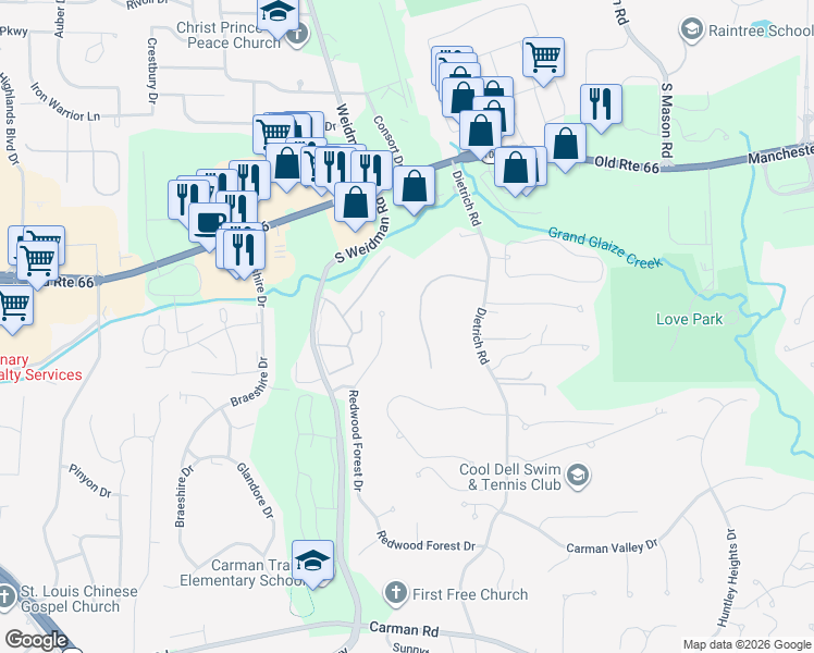 map of restaurants, bars, coffee shops, grocery stores, and more near 16 Lochhaven Lane in Ballwin