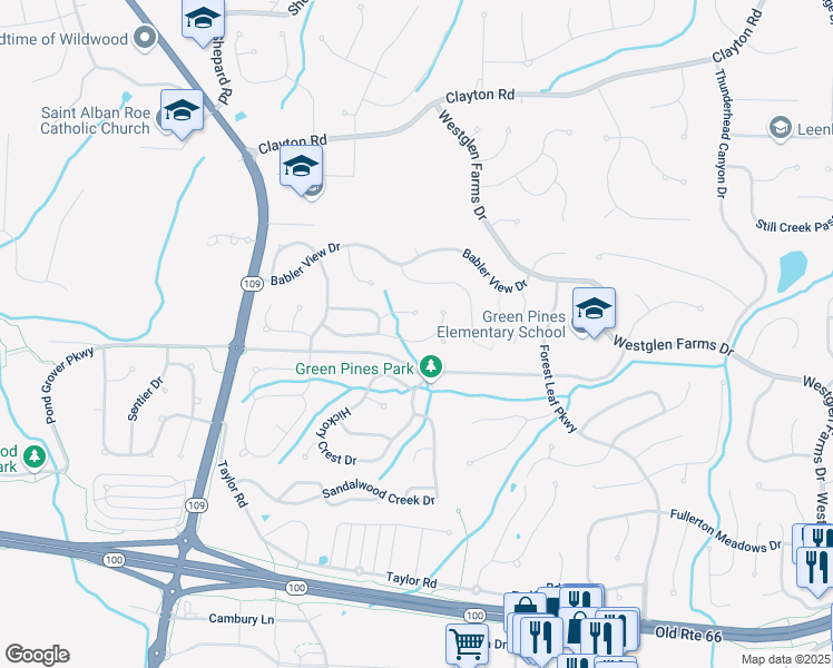 map of restaurants, bars, coffee shops, grocery stores, and more near 16661 Green Pines Drive in Ballwin