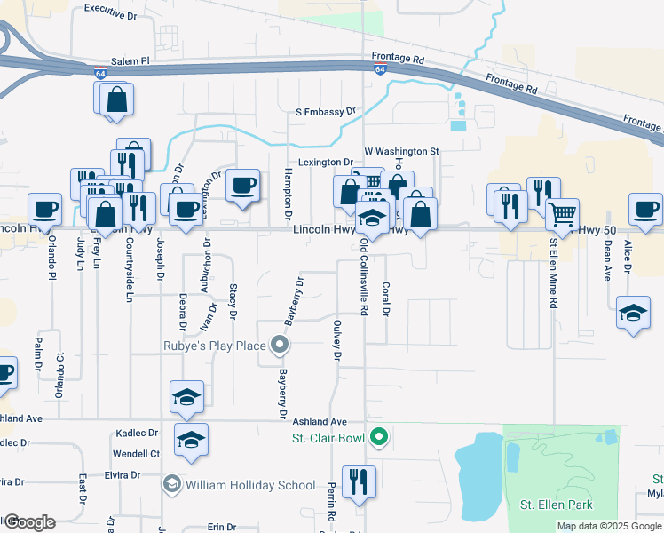 map of restaurants, bars, coffee shops, grocery stores, and more near 913 Fields End Court in Fairview Heights
