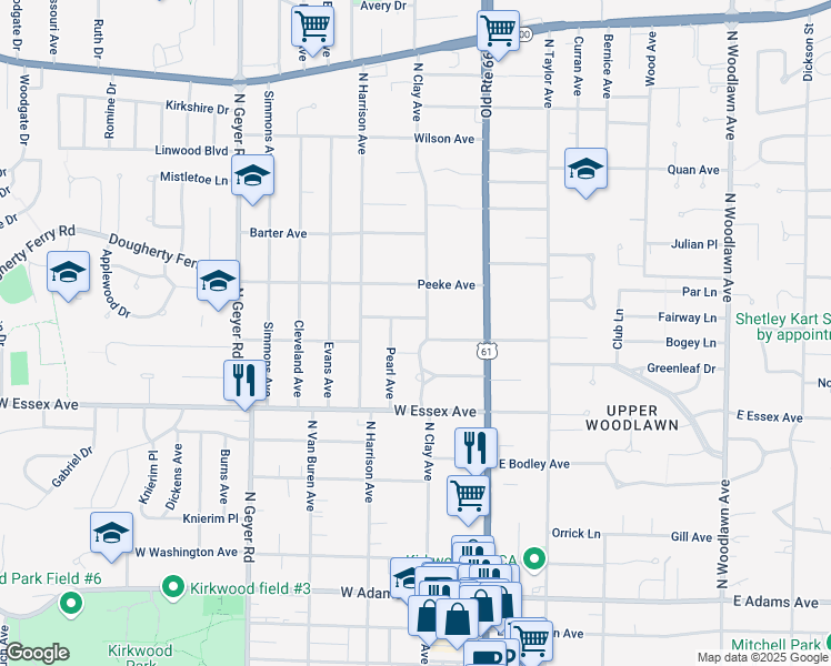 map of restaurants, bars, coffee shops, grocery stores, and more near 705 North Clay Avenue in Kirkwood