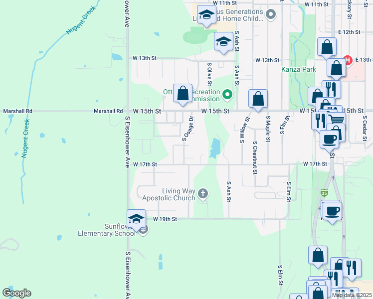map of restaurants, bars, coffee shops, grocery stores, and more near 1617 South Osage Drive in Ottawa