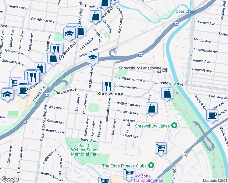 map of restaurants, bars, coffee shops, grocery stores, and more near 7419 Murdoch Avenue in Saint Louis