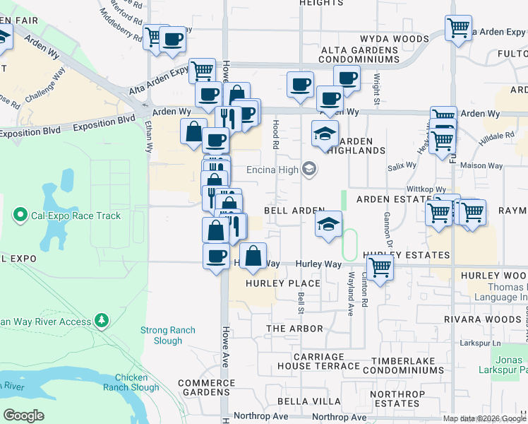 map of restaurants, bars, coffee shops, grocery stores, and more near 1433 Hood Road in Sacramento