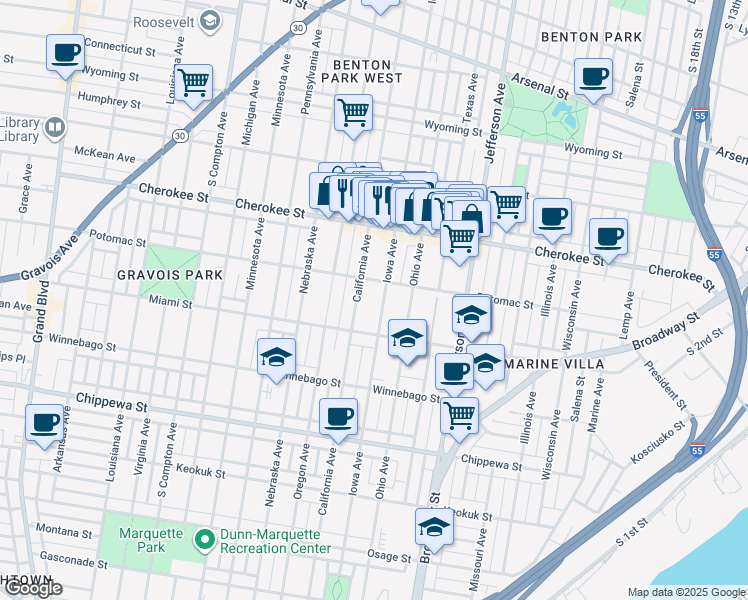 map of restaurants, bars, coffee shops, grocery stores, and more near 2737 Potomac Street in St. Louis