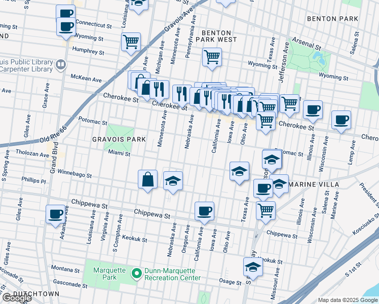 map of restaurants, bars, coffee shops, grocery stores, and more near 3508 Nebraska Avenue in St. Louis