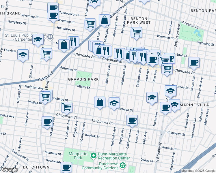 map of restaurants, bars, coffee shops, grocery stores, and more near 3523 Minnesota Avenue in St. Louis